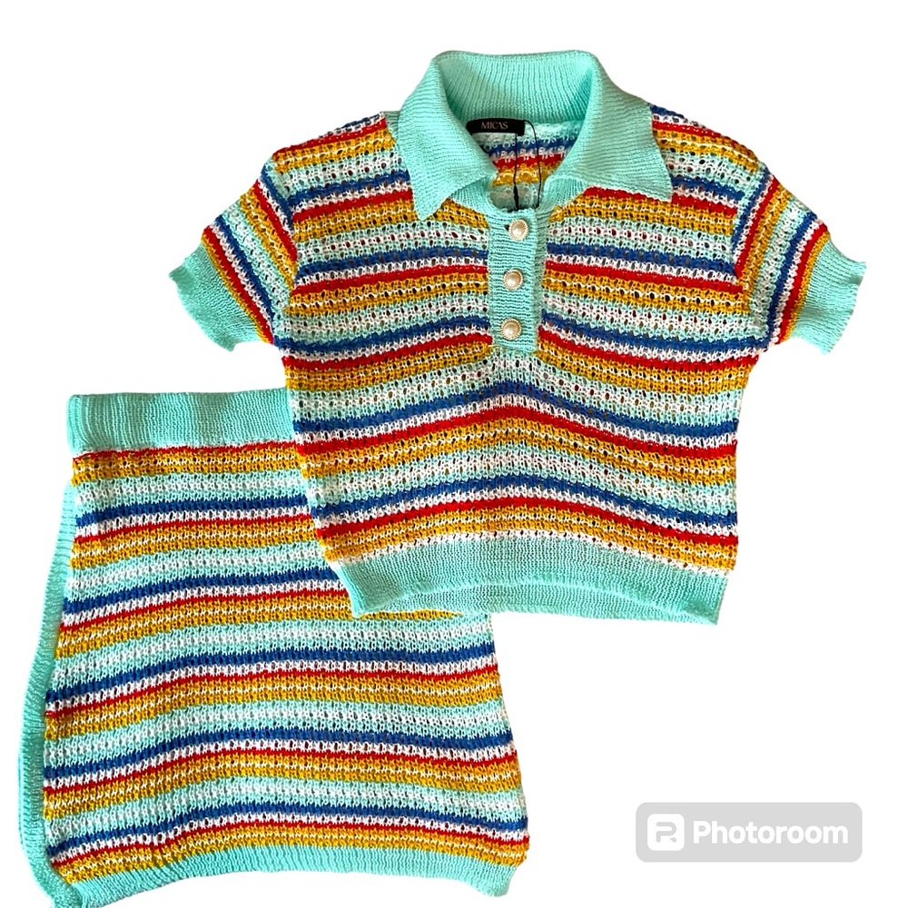 Micas NWT crochet knit striped cropped sweater and mini skirt set